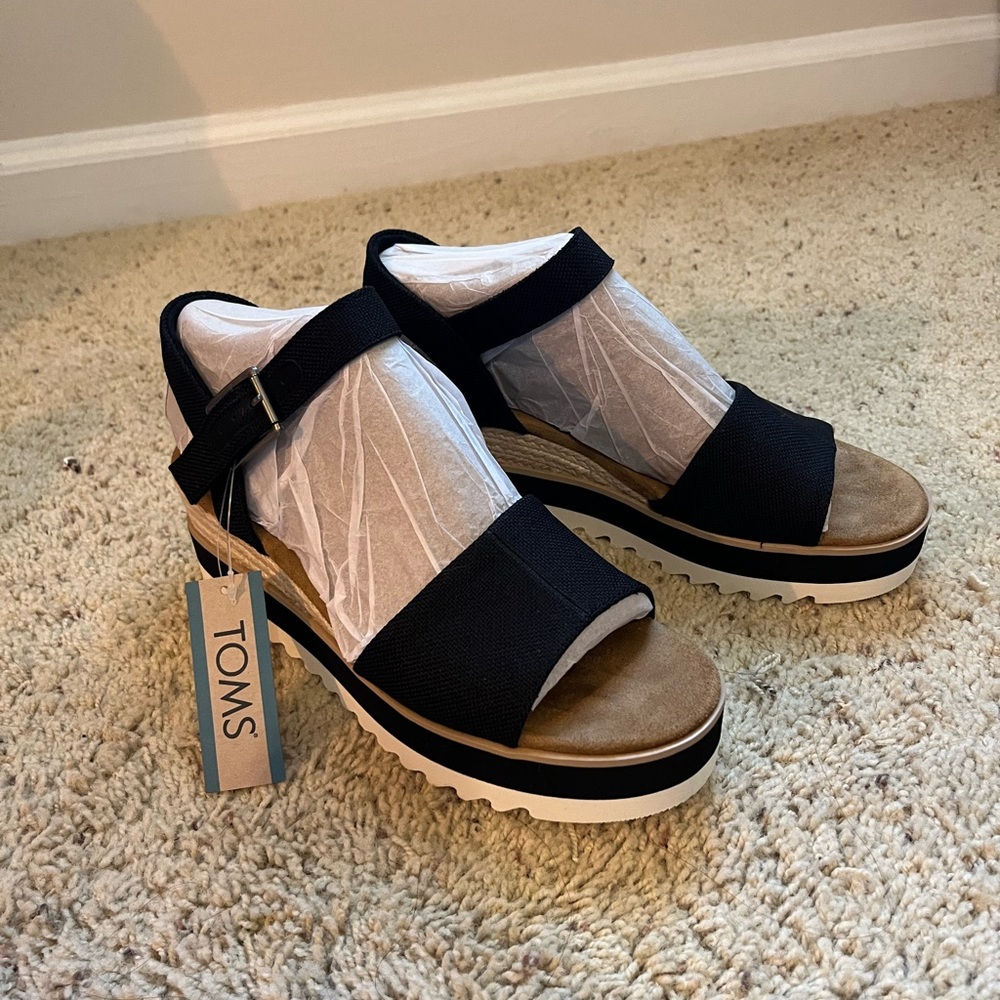 TOMS Black and Brown Wedge Sandals